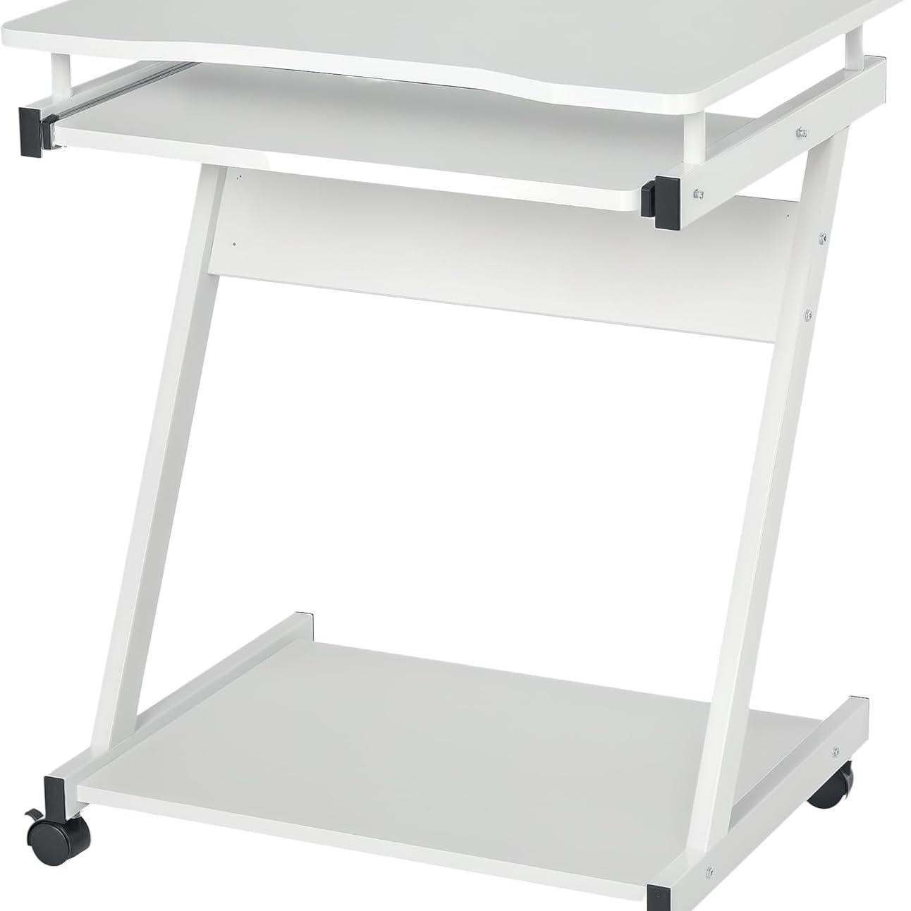 Movable Computer Desk with 4 Moving Wheels Sliding Keyboard Tray Home Office Workstation White