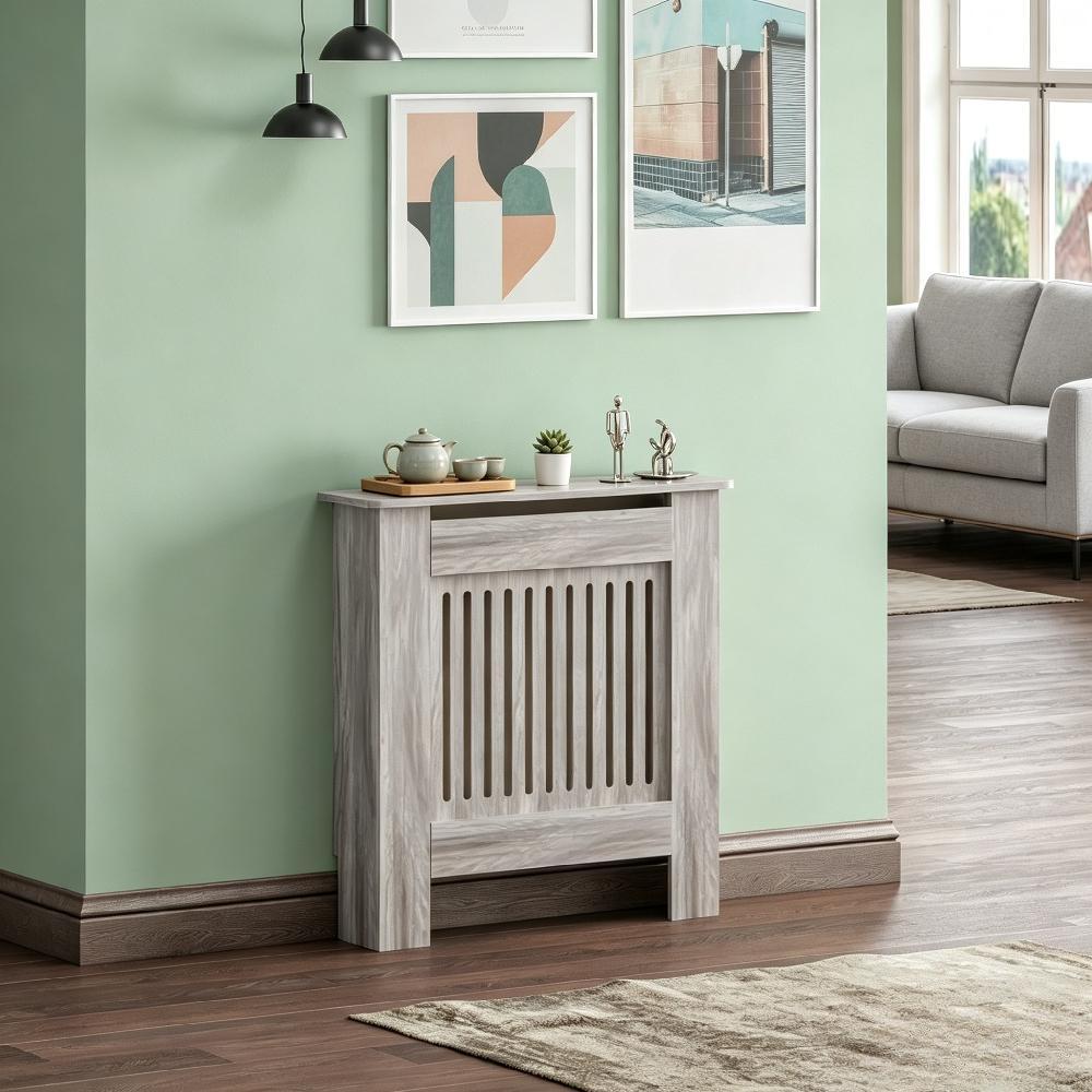 Grey Modern Radiator Cover, MDF Vertical Slat Design with Wooden Top Shelf, Stylish Cabinet for Living Room, Bedroom, and Hallway [Plus A Free Gift]