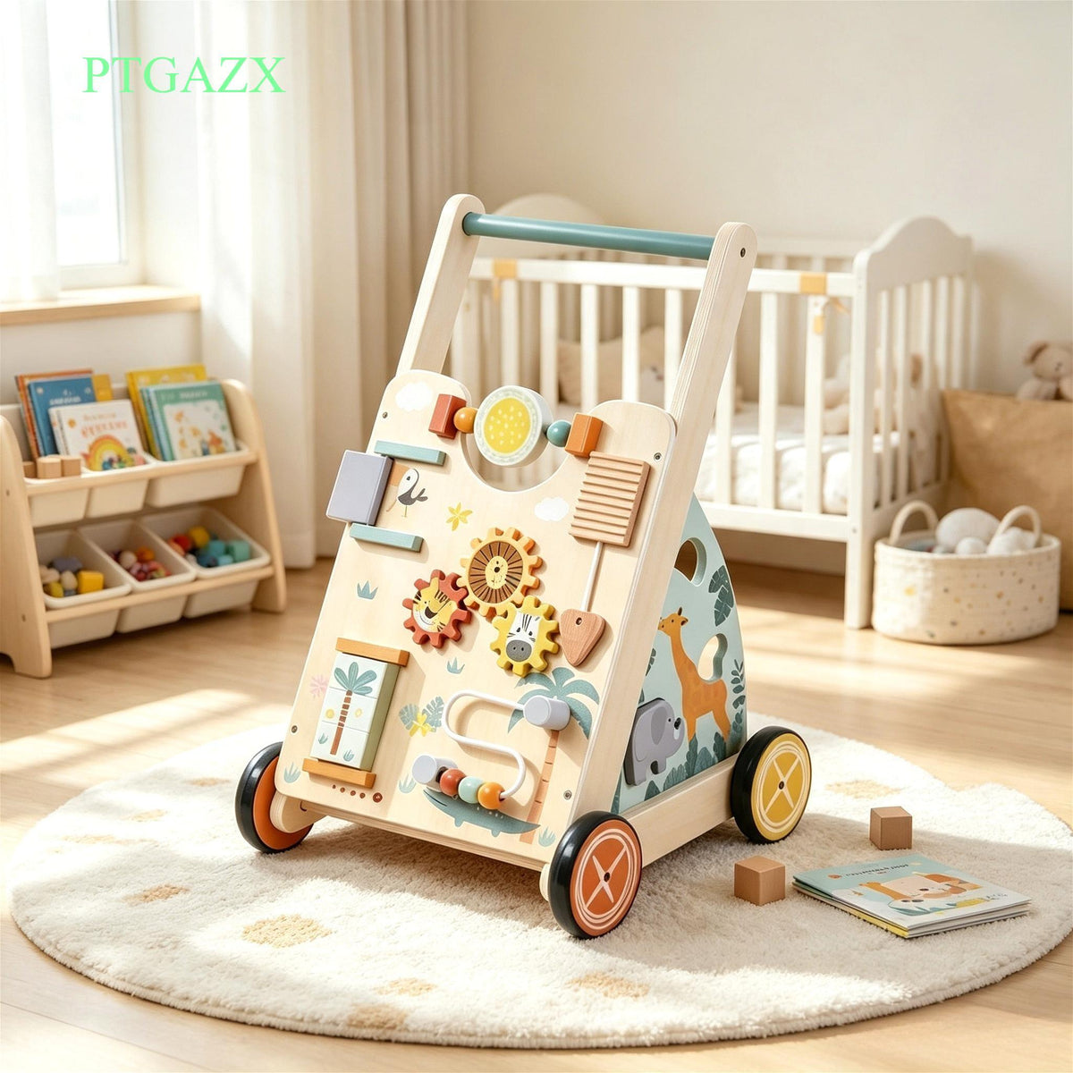 Wooden Baby Push‑Along Activity Walker, Toddler Learning Walker with Multi‑Sensory Early Developmental Toys, Ideal for Boys and Girls, 18 Months+