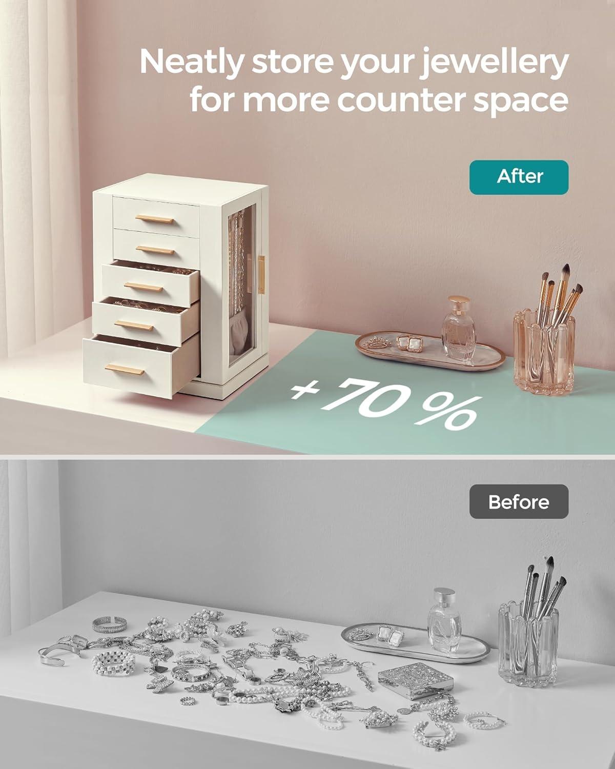 Luxury Cloud 360° Rotating Jewellery Box Organiser, Vertical Large Capacity Jewellery Display Case with 5 Drawers Transparent Window, Open Design Spacious Jewelry Storage Box, Elegant Gift for Women Girls Dresser Desktop Decor