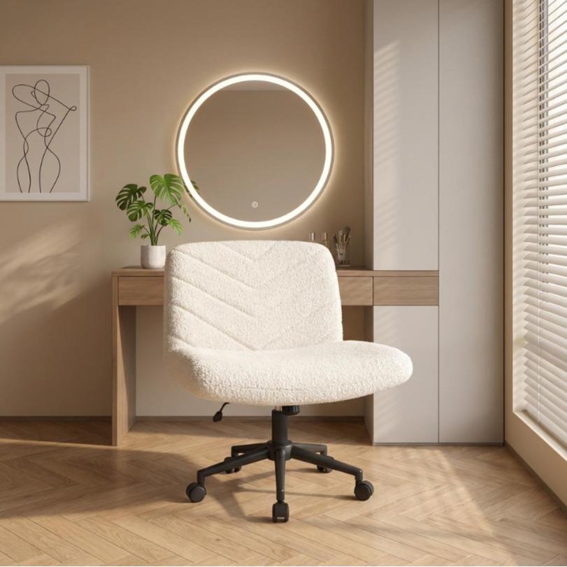 Armless Wide‑Seat Swivel Desk Chair, Adjustable Height X‑Base Mid‑Back Task Chair, Comfy Vanity Chair for Home Office, Study & Makeup