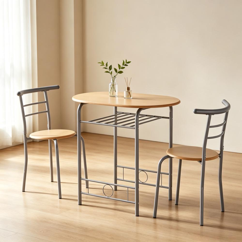 Wood Effect Metal Dining Table Set with 2 Chairs, Space-Saving Kitchen Dinner Table for Home, Apartment, or Small Dining Room [Plus A Free Gift]