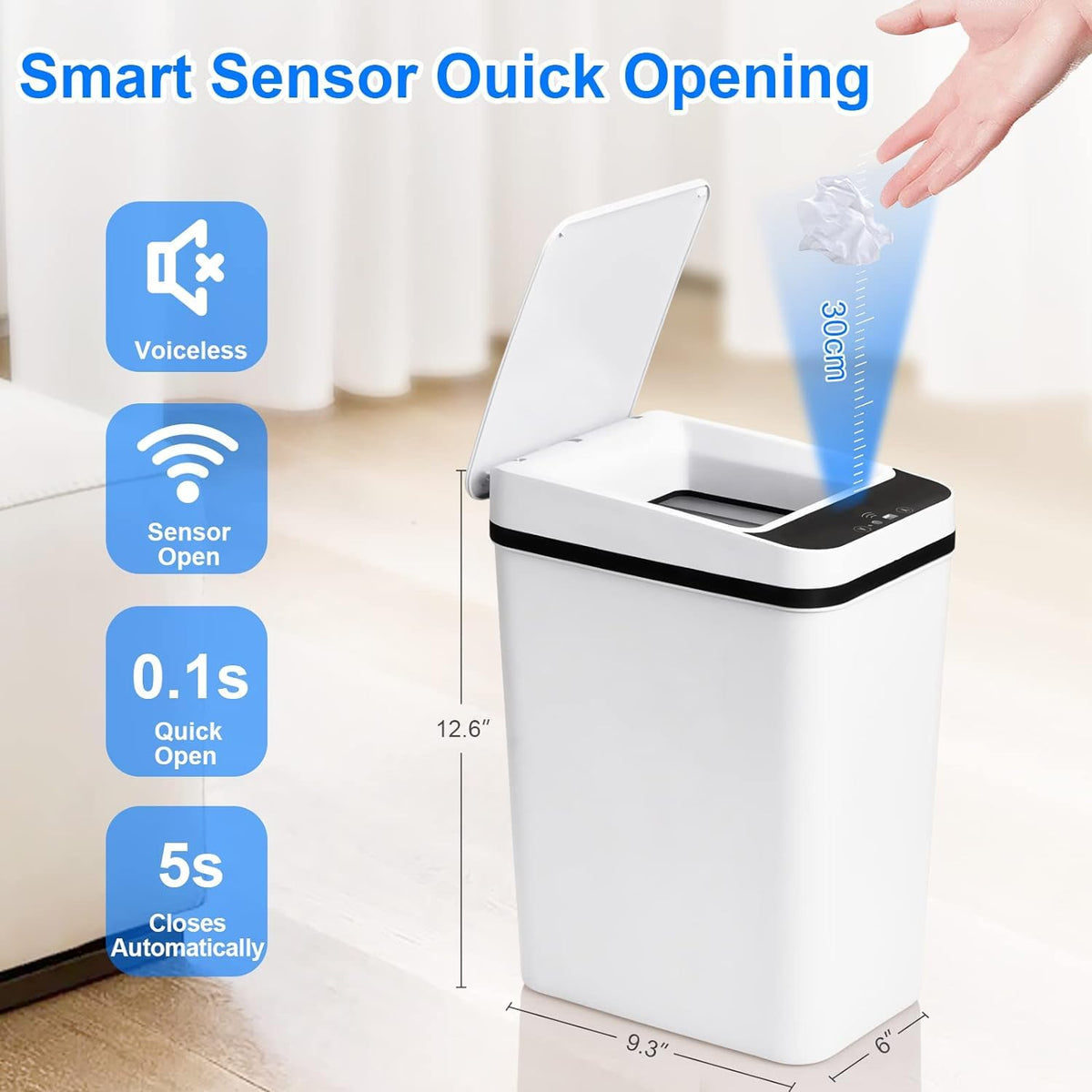 Smart Touchless Bathroom Trash Can 12L Automatic Motion Sensor Rubbish Can with Lid Electric Waterproof Narrow Small Garbage Bin for Kitchen, Office, Toilet, Bedroom with 50pcs Trash bags