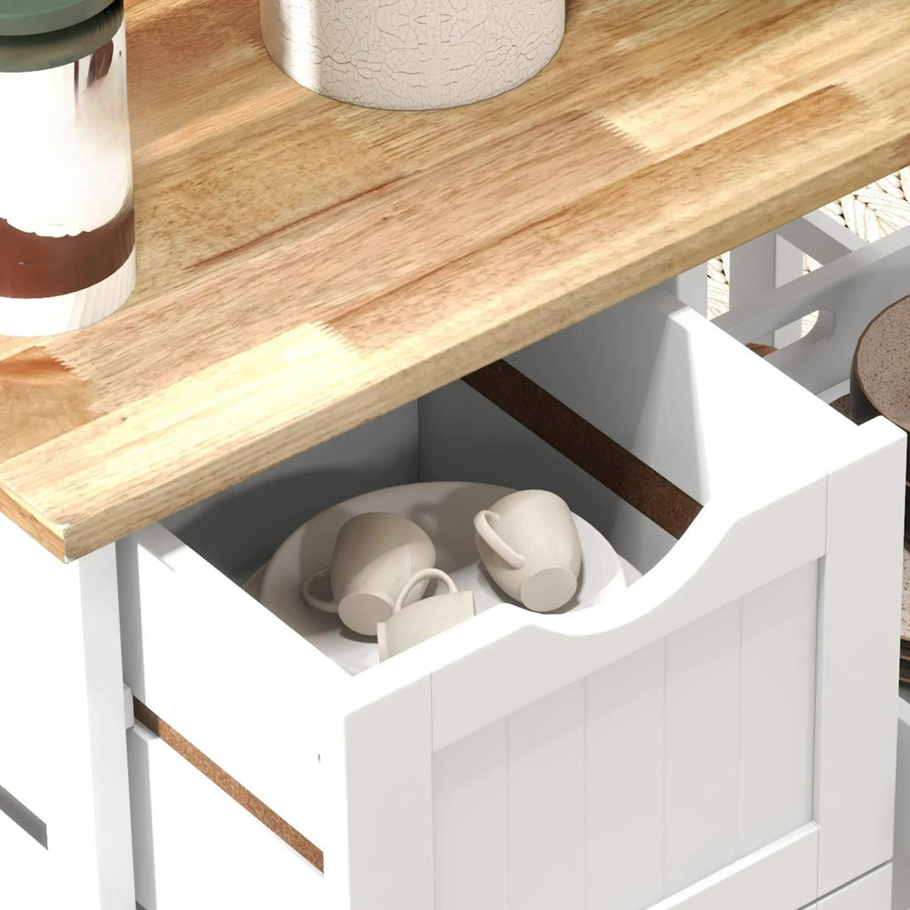 Rolling Kitchen Trolley Cart, Mobile Kitchen Island with Rubberwood Worktop, White MDF Storage Cart with 3 Drawers, Open Shelves & Removable Serving Tray, Lockable Wheels for Dining & Kitchen Storage