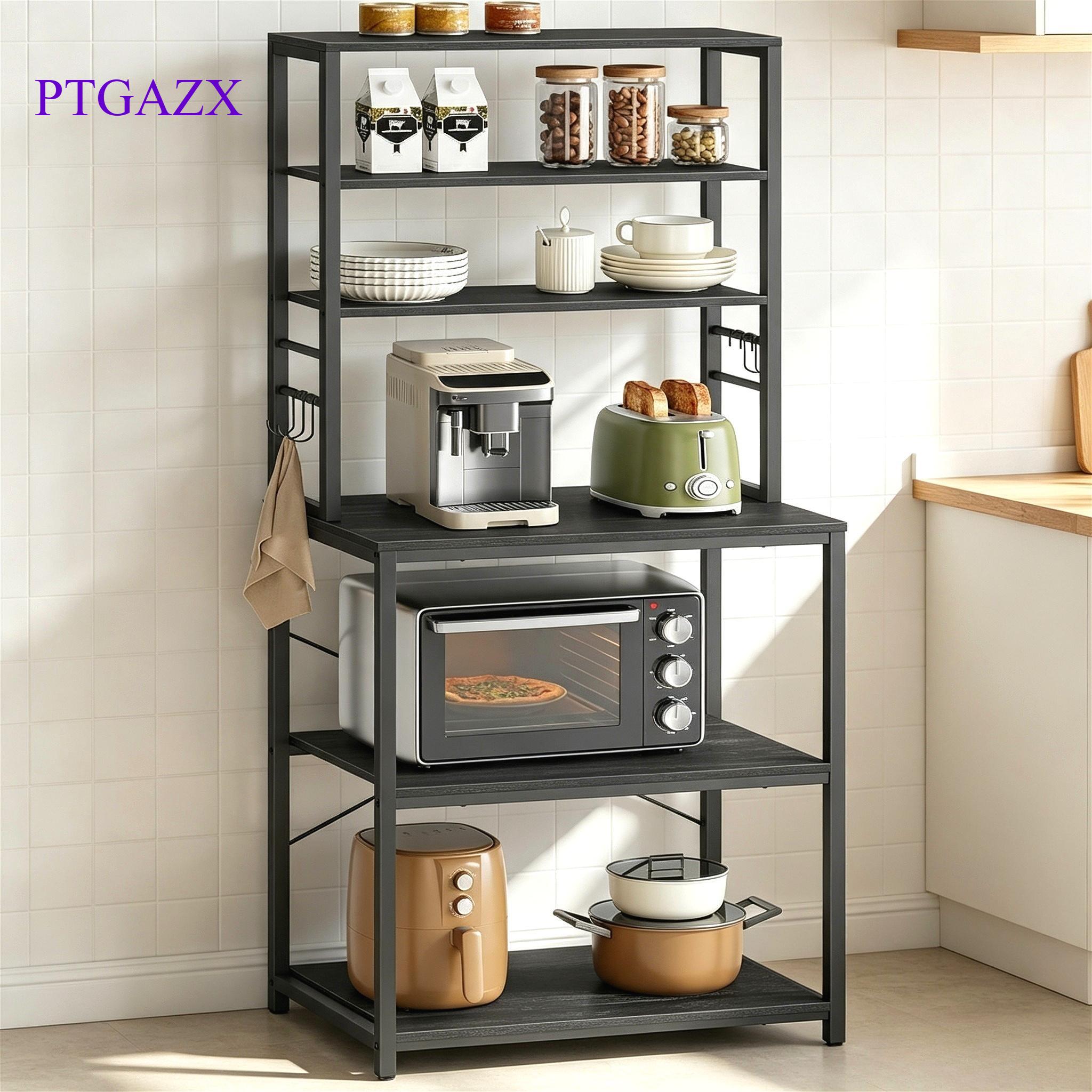 6‑Tier Heavy‑Duty Baker’s Rack with 6 Hooks, Freestanding Microwave Coffee Bar Storage Organizer for Kitchen Pantry Countertop