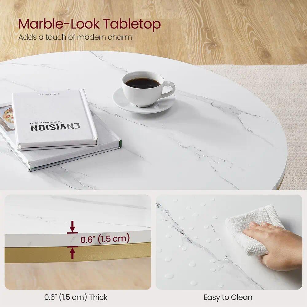 Coffee Table, Living Room Table, Sofa Cocktail Table Faux Marble Round, Tempered Glass Storage Shelf, Easy to Assemble, Modern Style, for Living Room