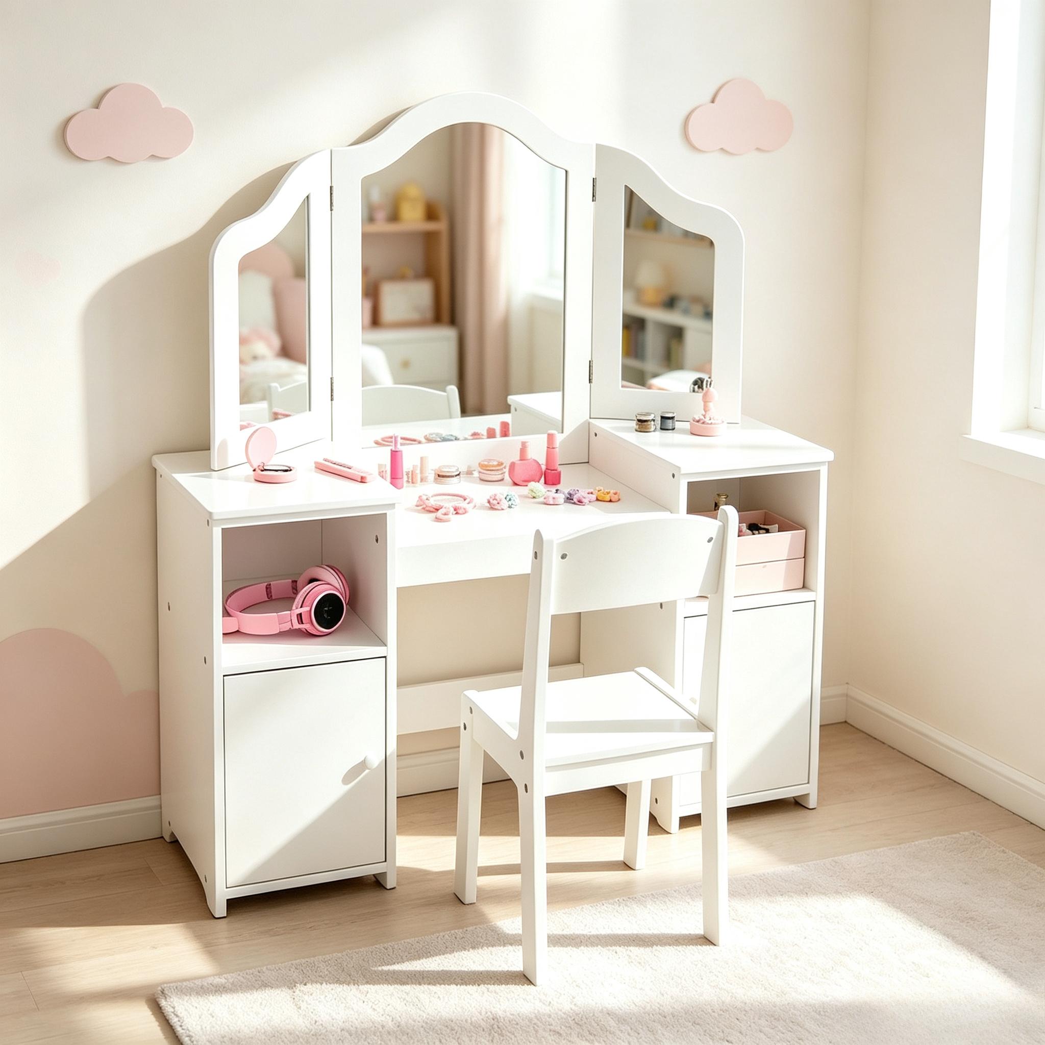 `2‑in‑1 Kids Vanity Table Set, Princess Dressing Desk with Removable Tri‑Fold Mirror, 4 Fabric Storage Bins & Matching Chair, Wooden Pretend Makeup Dresser for Girls for Bedroom Playroom Age 3+`