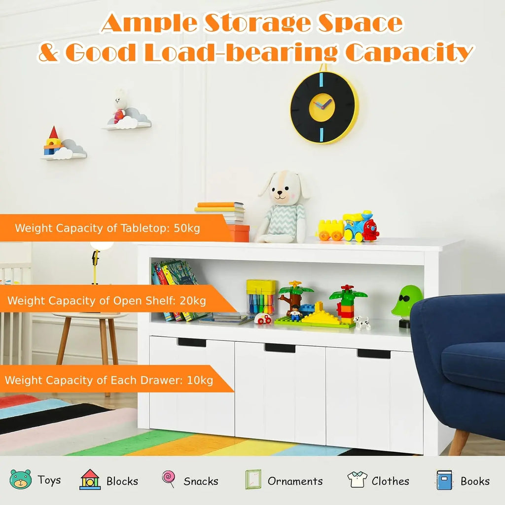 COSTWAY Kids Toy Storage Cabinet, Wooden Playroom Chest with Drawers and Large Open Shelf, Children Room Toys Books Storage Organizer for Boys Girls. For detailed product dimensions, please refer to the size chart in the product description.