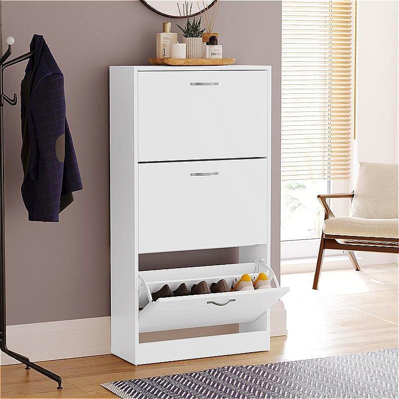 3 Drawer Shoe Cabinet Cupboard Storage Organiser Pull-Down Wooden Hallway Furniture Unit with Stainless Steel Handles Compact Durable Space-Saving Racks