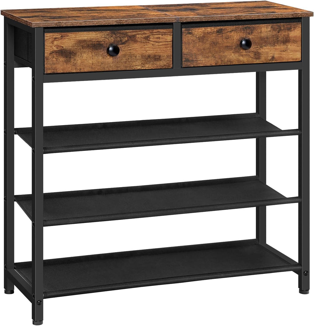 Shoe Rack,  Shoe Storage Organizer with 2 Non-Woven Drawers, 12-15 Pairs of for Entryway, Shelf with 3 Oxford Fabric Shelves and Wooden Top, Closet, Rustic Brown