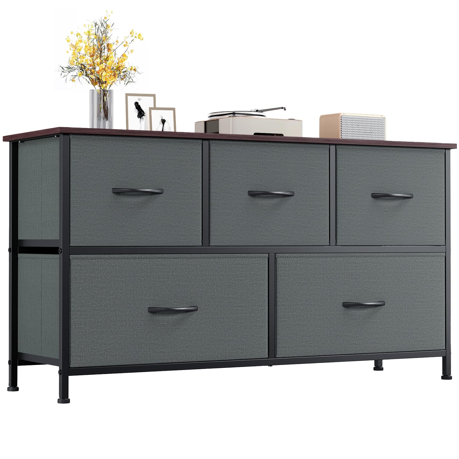 5 Drawers Faux Leather Chest of Drawers Wide Storage Organiser Dresser White Multi-Use Nightstand TV Stand Cabinet for Bedroom Closet Nursery Entryway Hallway 30 x 100 x 55 cm