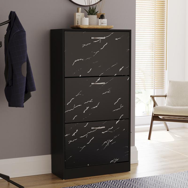 3 Drawer Shoe Cabinet Cupboard Storage Organiser Pull-Down Wooden Hallway Furniture Unit with Stainless Steel Handles Compact Durable Space-Saving Racks