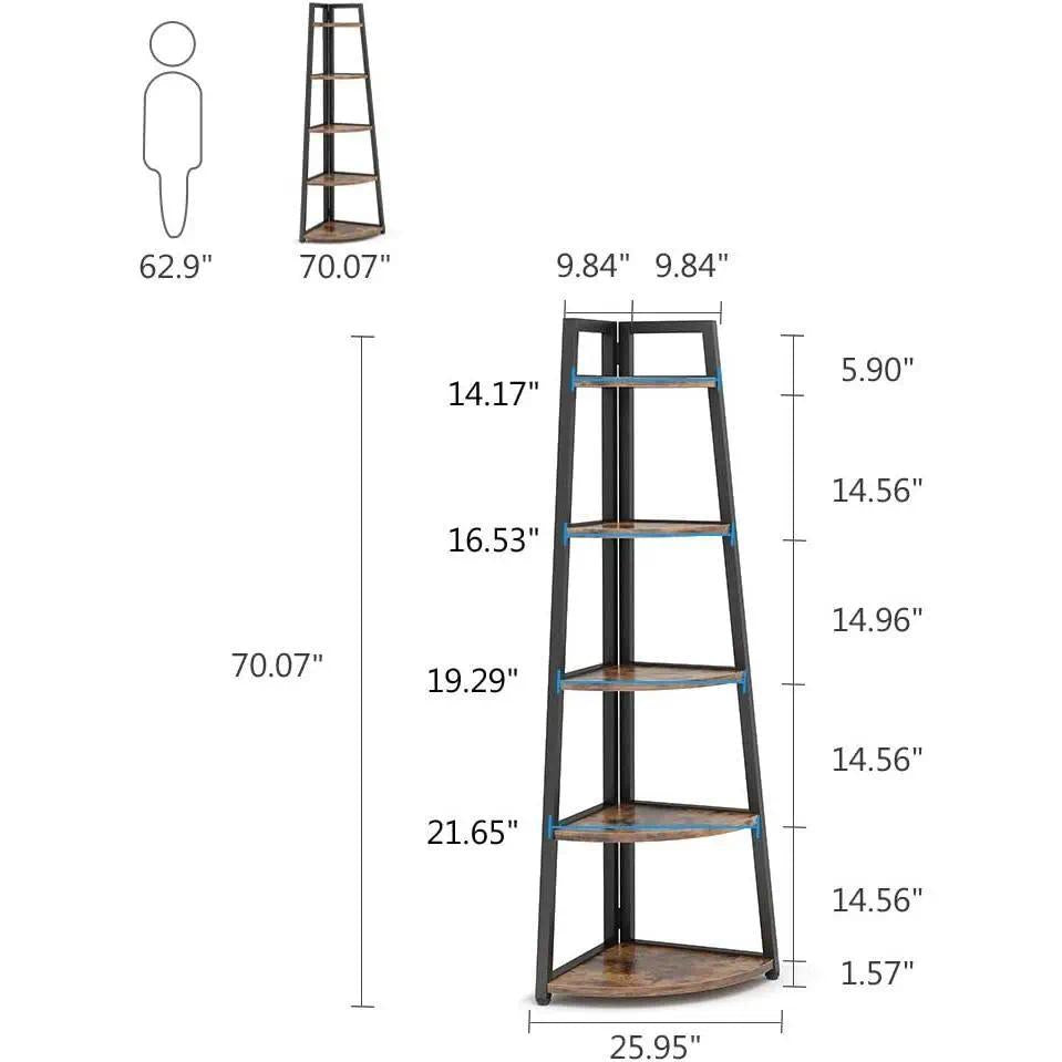 70 Inch Tall 5-Tier Corner Bookshelf, Ladder Style Open Storage Bookcase with Sturdy Metal Frame, Smooth Round Edge Freestanding Corner Organizer Rack for Living Room Bedroom Kitchen Home Display