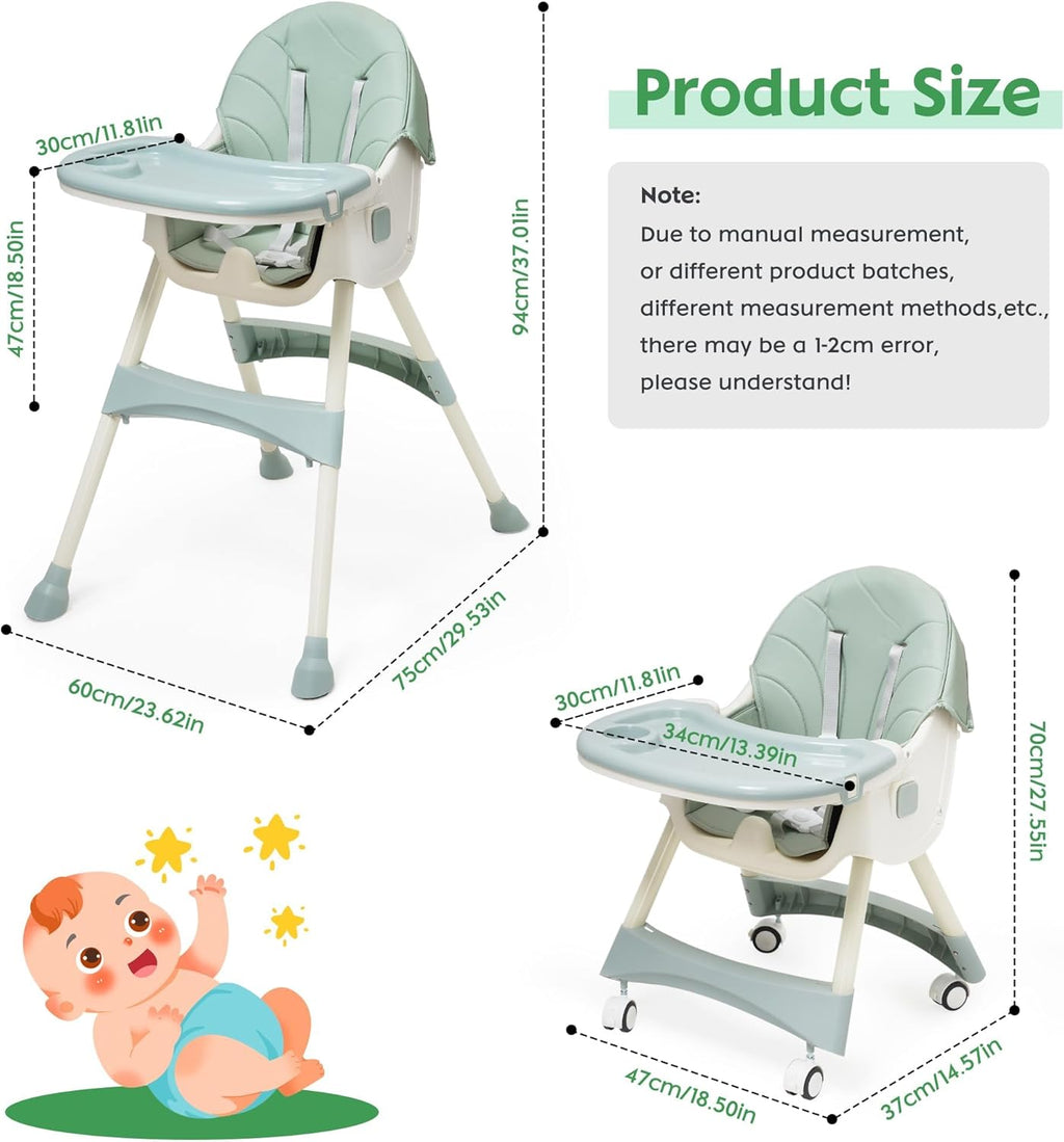5 in 1 Convertible Baby High Chair, Foldable Portable Infant Chair with Adjustable Height and 3 Position Reclining Backrest, Sturdy Travel Friendly Toddler Seat [Plus A Free Gift]