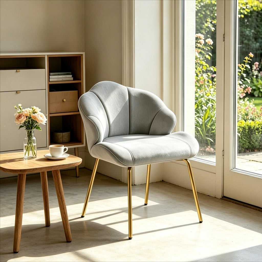 Modern Shell‑Shaped Velvet Vanity Chair, Luxury Upholstered Accent Chair with Golden Metal Legs, Multi‑Purpose Makeup Dressing Side Chair for Bedroom, Living Room, Home Reception