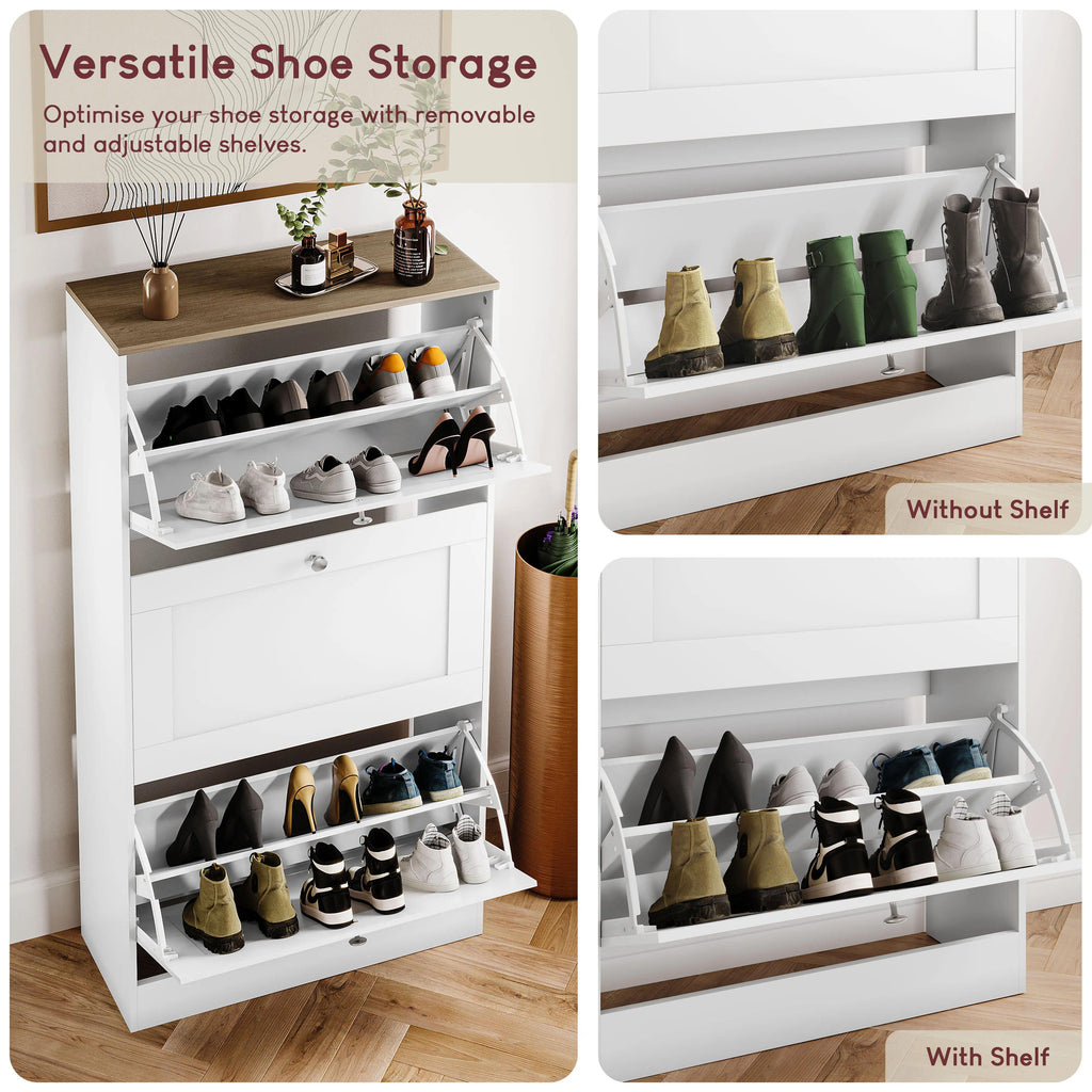 3 Drawer Pull-Down Shoe Cabinet, Slim Space-Saving Wooden Shoe Storage Organizer with Oak Top Surface, Hidden Footwear Storage Cabinet for Entryway Hallway Bedroom Home Furniture