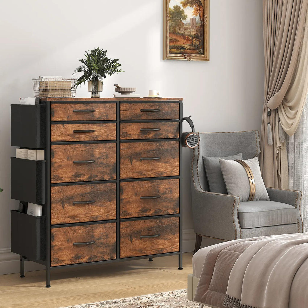 White Tall 10‑Drawer Fabric Dresser with 3 Side Pockets, Chest of Drawers with MDF Wood Top & Metal Frame, Anti‑Tip Storage Organizer for Bedroom Closet Living Room Dorm Office