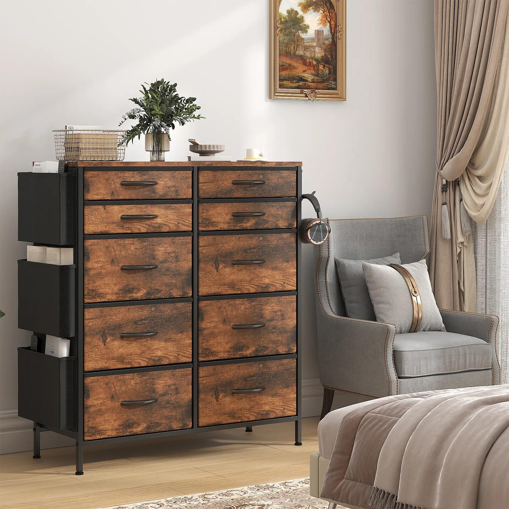 White Tall 10‑Drawer Fabric Dresser with 3 Side Pockets, Chest of Drawers with MDF Wood Top & Metal Frame, Anti‑Tip Storage Organizer for Bedroom Closet Living Room Dorm Office