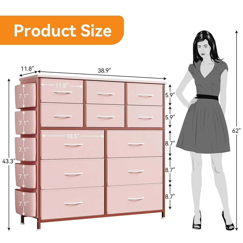 12‑Drawer Fabric Dresser for Bedroom, Chest of Drawers Storage Organizer with Side Pockets & Hooks, Sturdy Steel Frame Dresser Cabinet with Waterproof Wood Top, Multi‑Purpose Storage Unit for Closet, Hallway, Living Room Home Organization