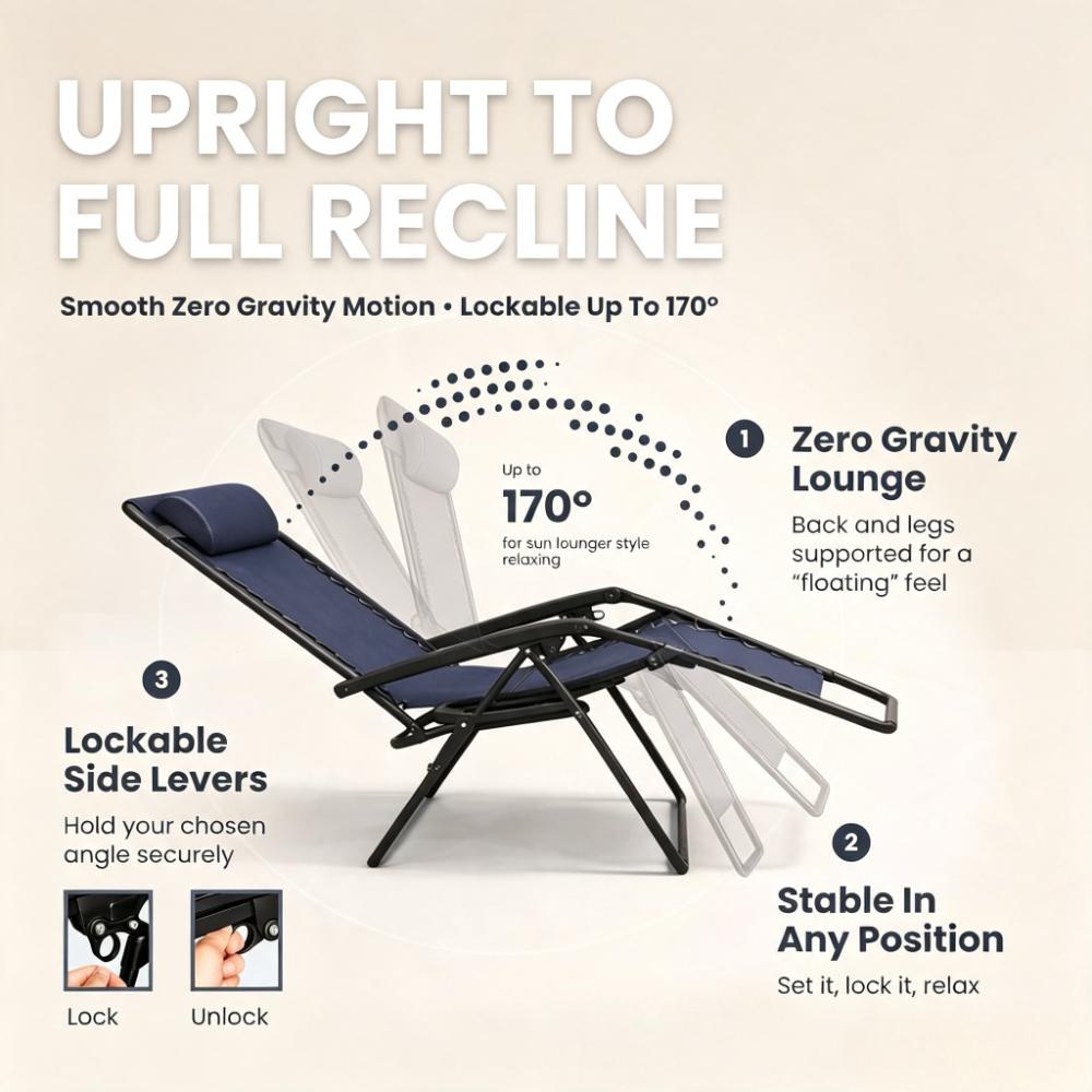 Garden Zero Gravity Chairs Set of 2, Heavy Duty Textoline Outdoor Sunloungers, Reclining & Foldable Patio Chairs with Headrest Pillow & Cup Drinks Holder