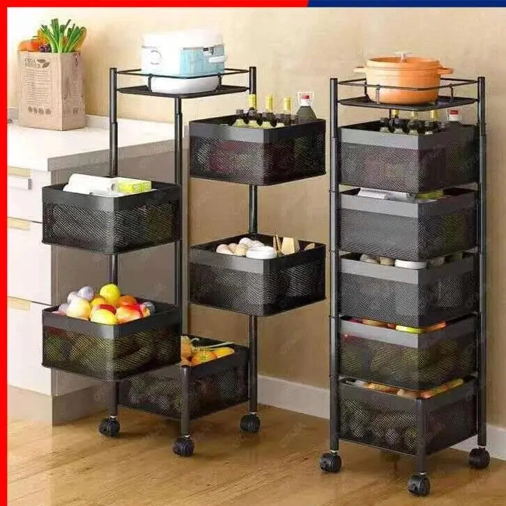 6 Tier Kitchen Rotating Storage Trolley Cart Utility Vegetable Mobile Shelf Rack Organizer ,Rack carts with Drawers moveable Basket Metal organizer