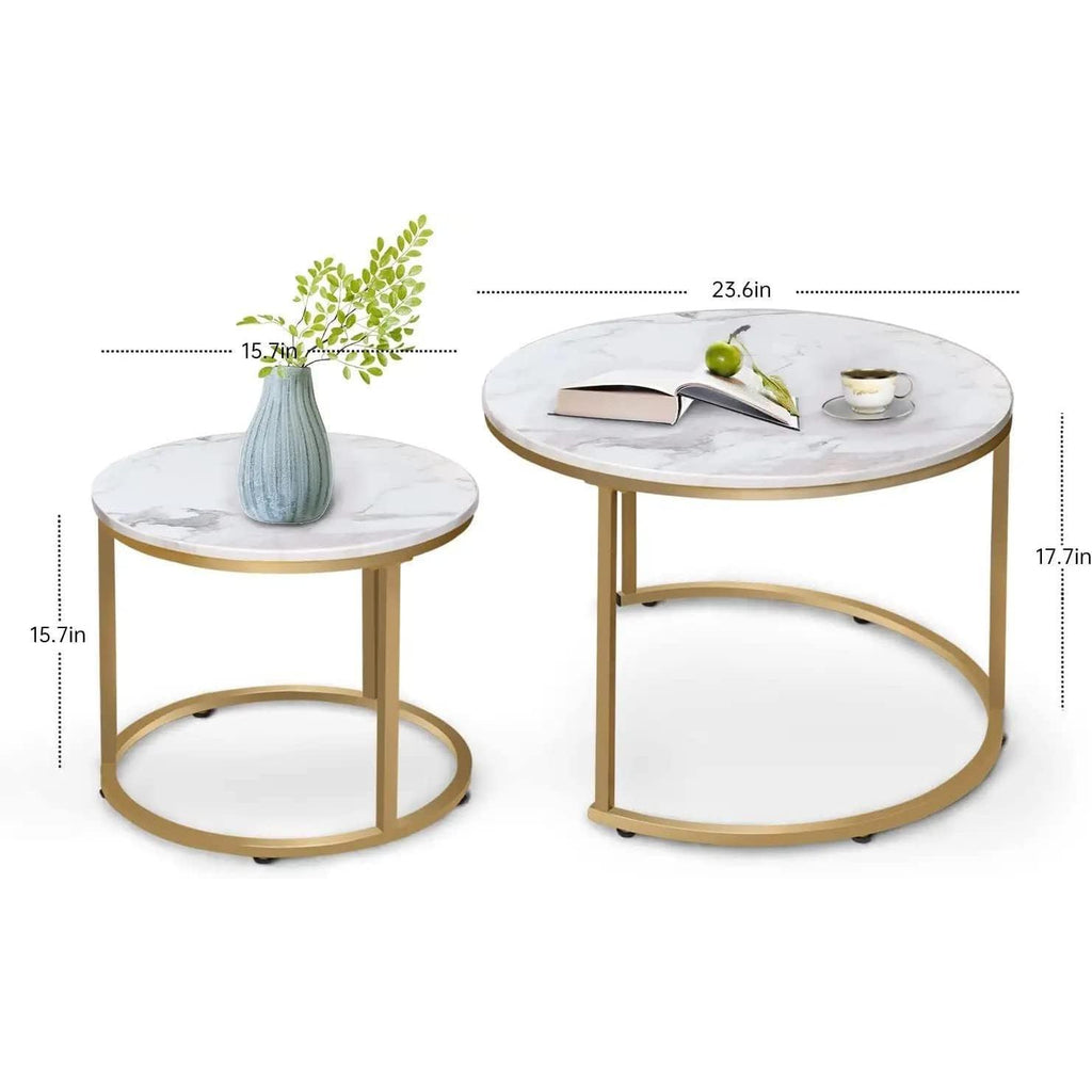 Elegant Round Nesting Coffee Tables –  Removable End Tables with Gold Metal Frame Legs & Marble Tops | Perfect for Living Room, Bedroom, Office & Balcony
