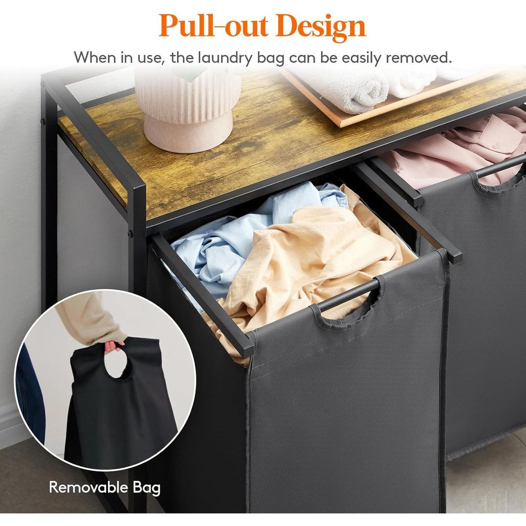 【NS】Laundry Hamper 2 Sections, 95 L Laundry Basket with Shelf and Double Pull-Out Removable Bags, Laundry Sorter for Laundry Room Bedroom Bathroom Dorm, Black