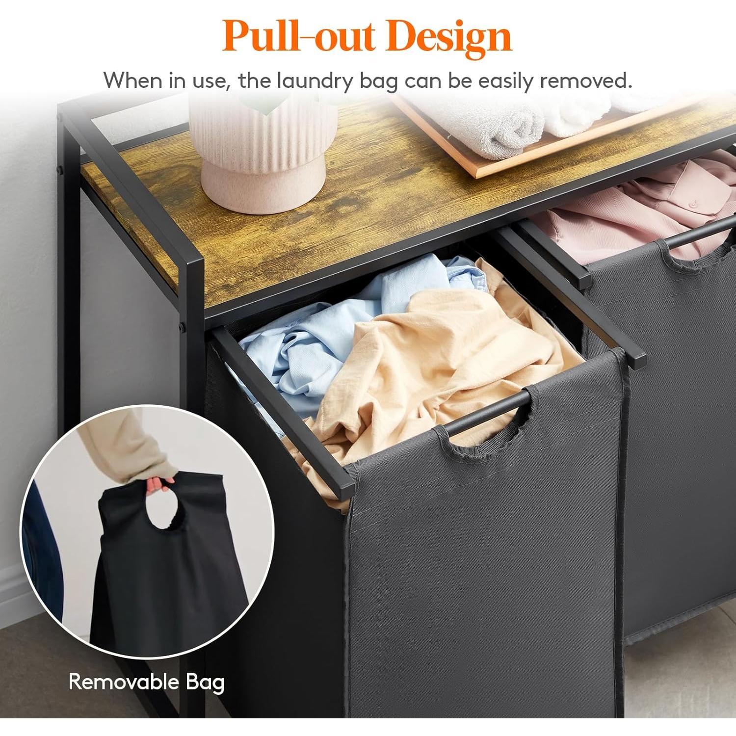 【NS】Laundry Hamper 2 Sections, 95 L Laundry Basket with Shelf and Double Pull-Out Removable Bags, Laundry Sorter for Laundry Room Bedroom Bathroom Dorm, Black