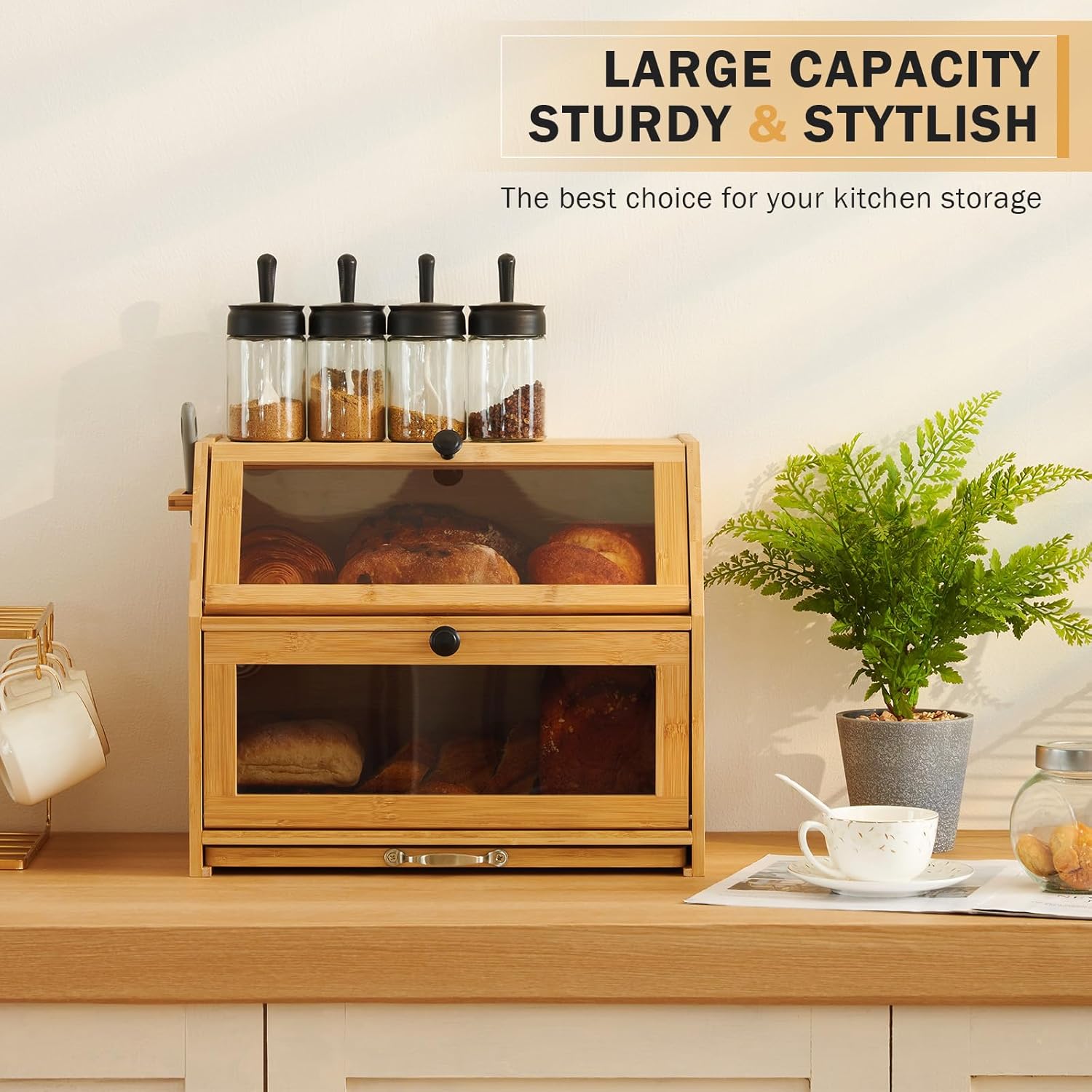 Large Double Layer Bamboo Bread Bin, Multi-Functional Bread Storage Box with Cutting Board & Transparent Window, Countertop Organizer for Bread, Salt, Pepper & Jam,
