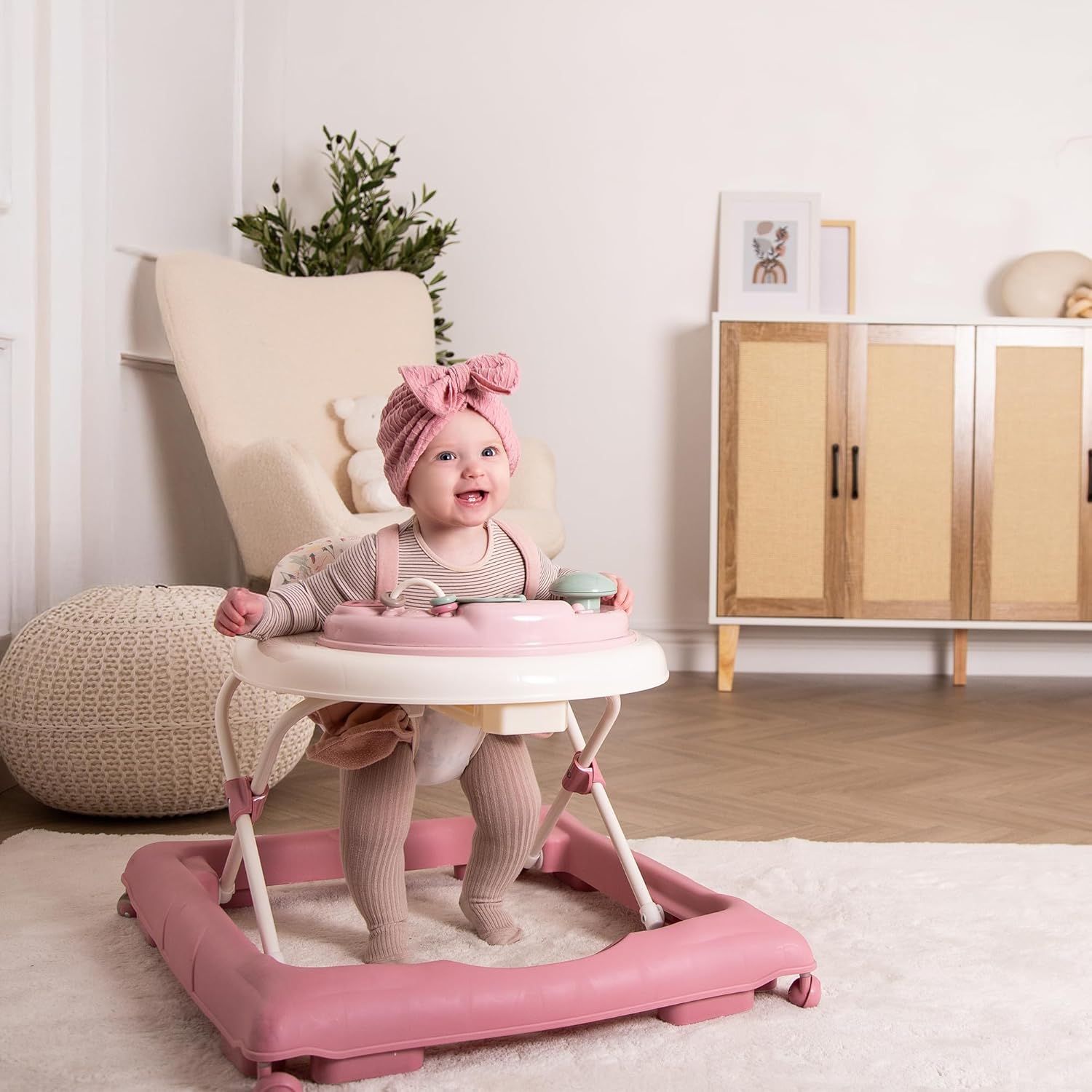 【NS】Baby Go Round Jive Electronic Baby Walker – Rose & Ivy Design: Interactive Musical Play Tray with Lights & Sounds, Adjustable Height, Safe for First Steps