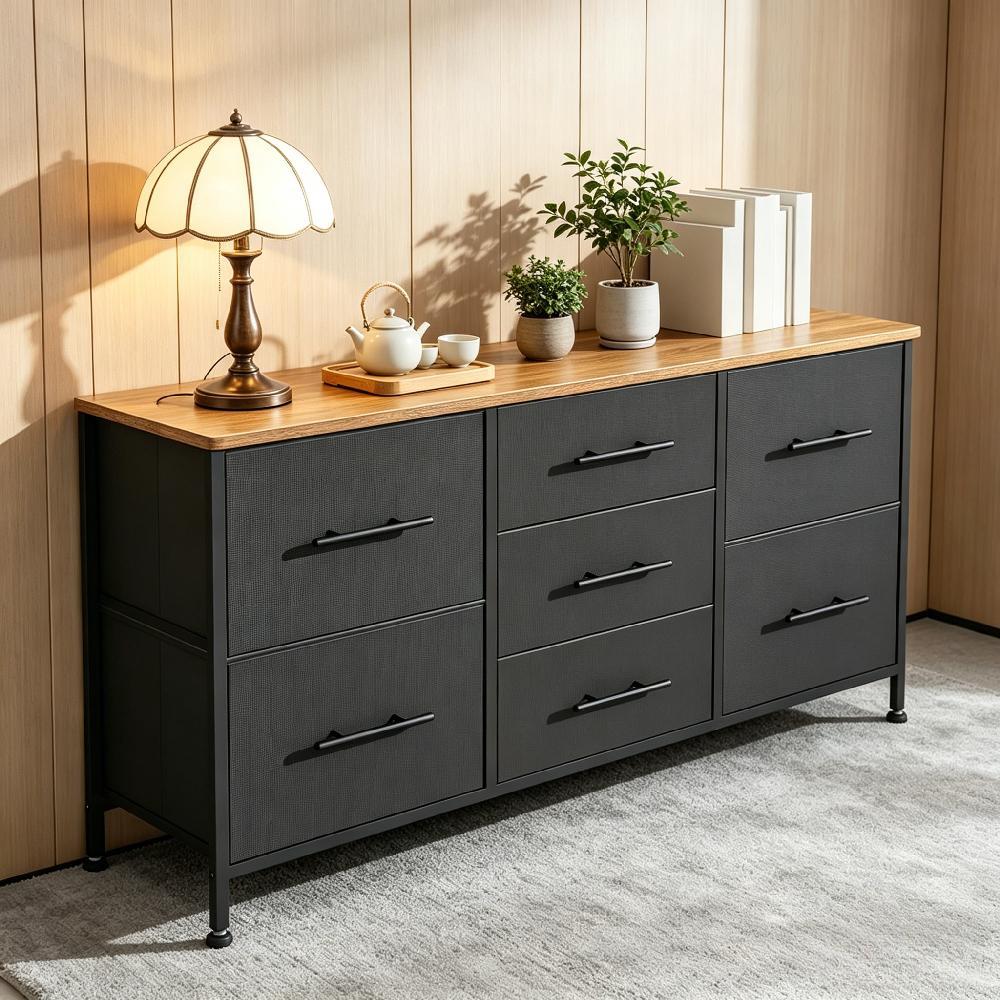Black 7 Fabric Drawer Chest of Drawers Dresser TV Stand on Castors Metal Frame Wooden Top Storage Organizer Bedroom Living Room