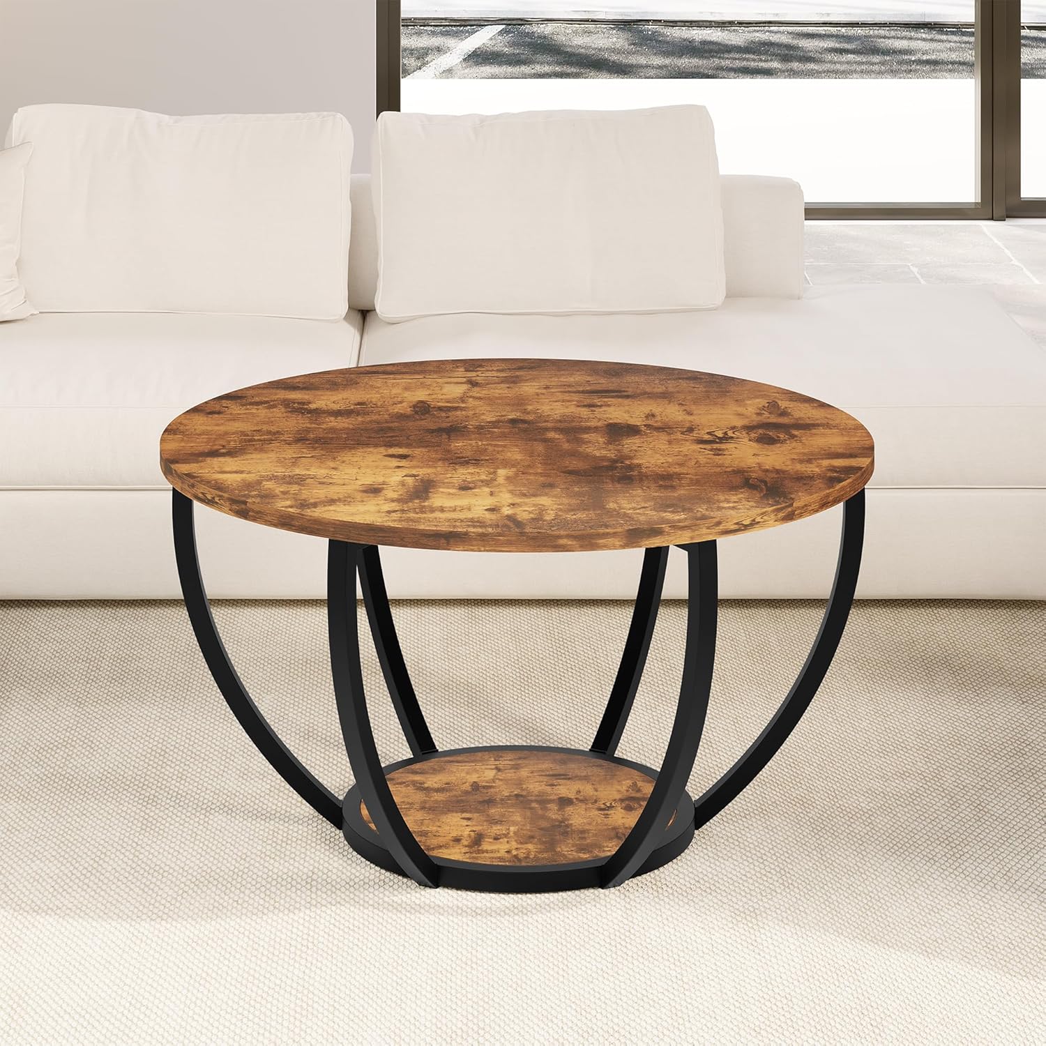 28" Round Coffee Table with Storage for Living Room, 2-Tier Wood Accent Center Table, Sofa Table for Home Office, Brown