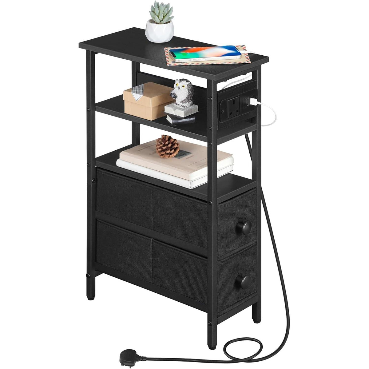 Side Table with Charging Station, Narrow Side Table with 2 Non-Woven Drawers, USB Ports and Power Outlet, 40 x 18 x 60 cm Slim Bedside Table for Small Space, Rustic Brown and Black