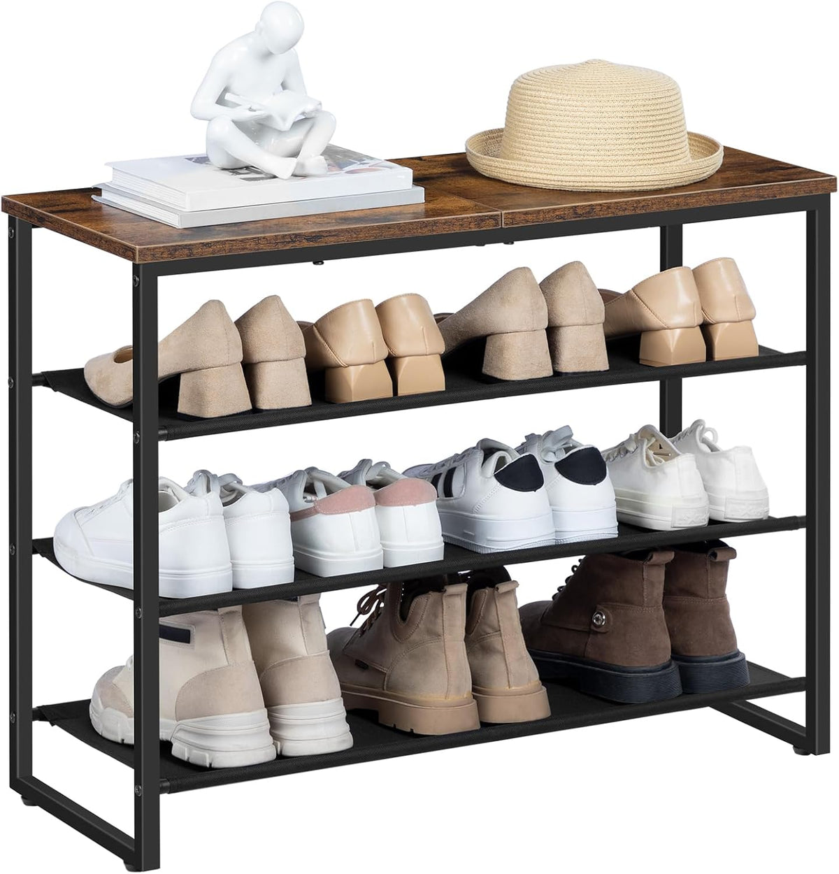 4 Tier Shoe Rack, Rustic Brown Industrial Style - 3 Oxford Fabric Shelves + Top Panel, Holds 12-16 Pairs, Ideal for Closet & Entryway Shoe Storage