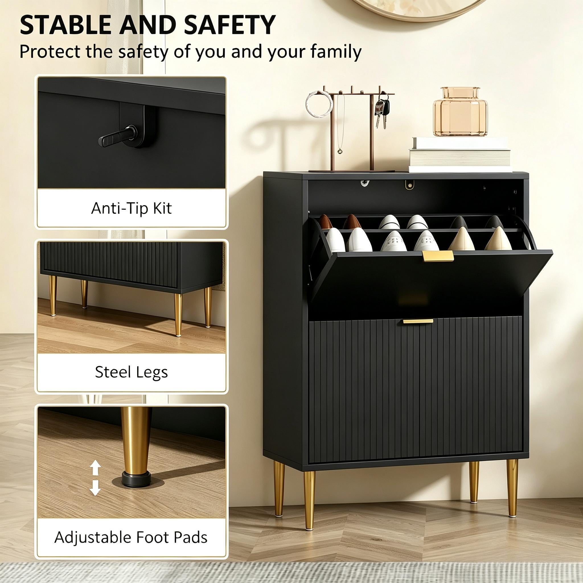 Narrow Shoe Cabinet with 2 Flip Drawers, Modern Slim Shoe Storage Cabinet with Fluted Doors, Gold Handles & Adjustable Shelves, Freestanding Shoe Organizer for Hallway Entryway, Holds 12 Pairs of Shoes