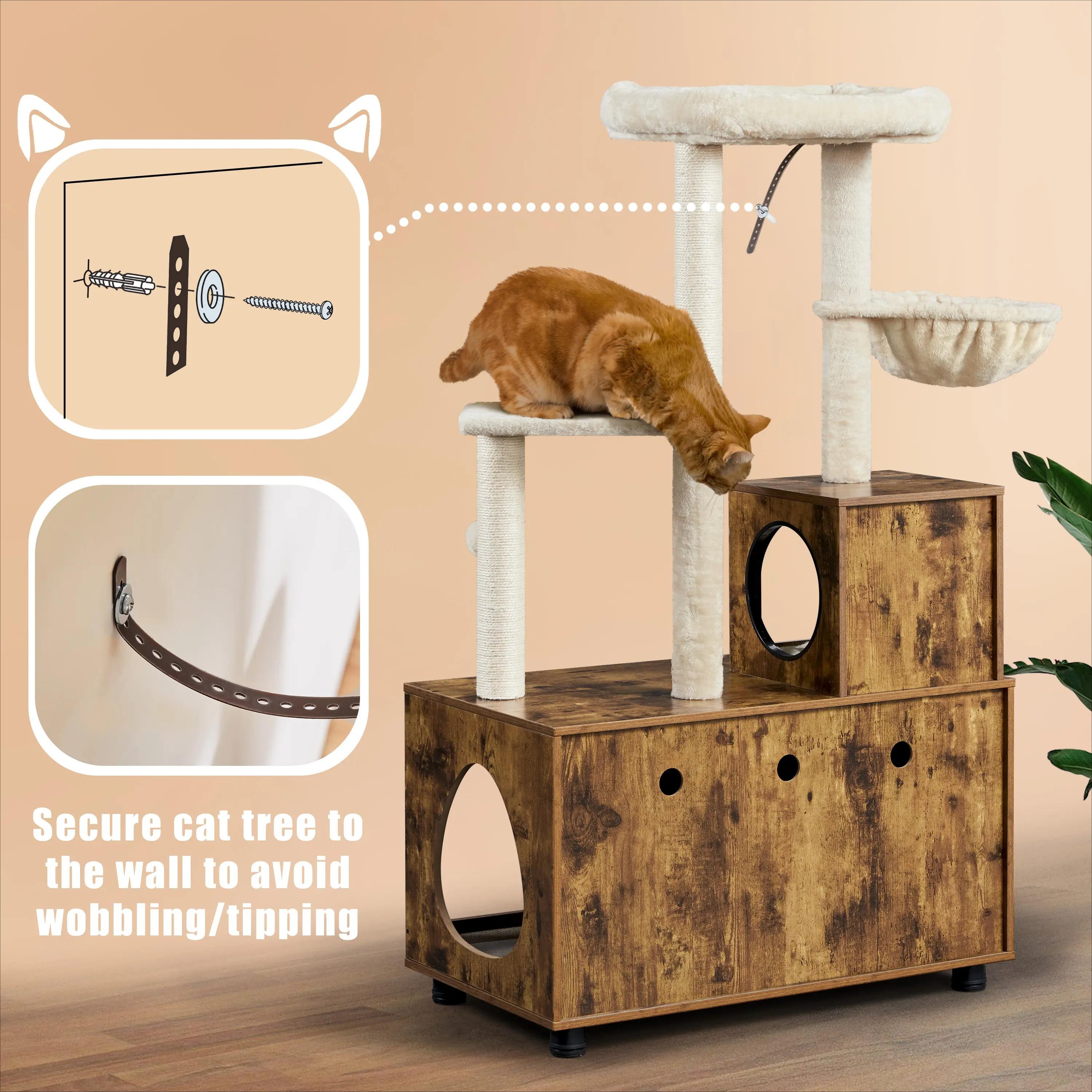 Cat Tree Tower with Hidden Litter Box Enclosure, All‑in‑One Wooden Cat Furniture for Indoor Large Cats, Kitty Washroom Cabinet with Condo, Hammock, Sisal Scratching Posts, Top Perch Platform, Multi‑Level Pet Kitten House
