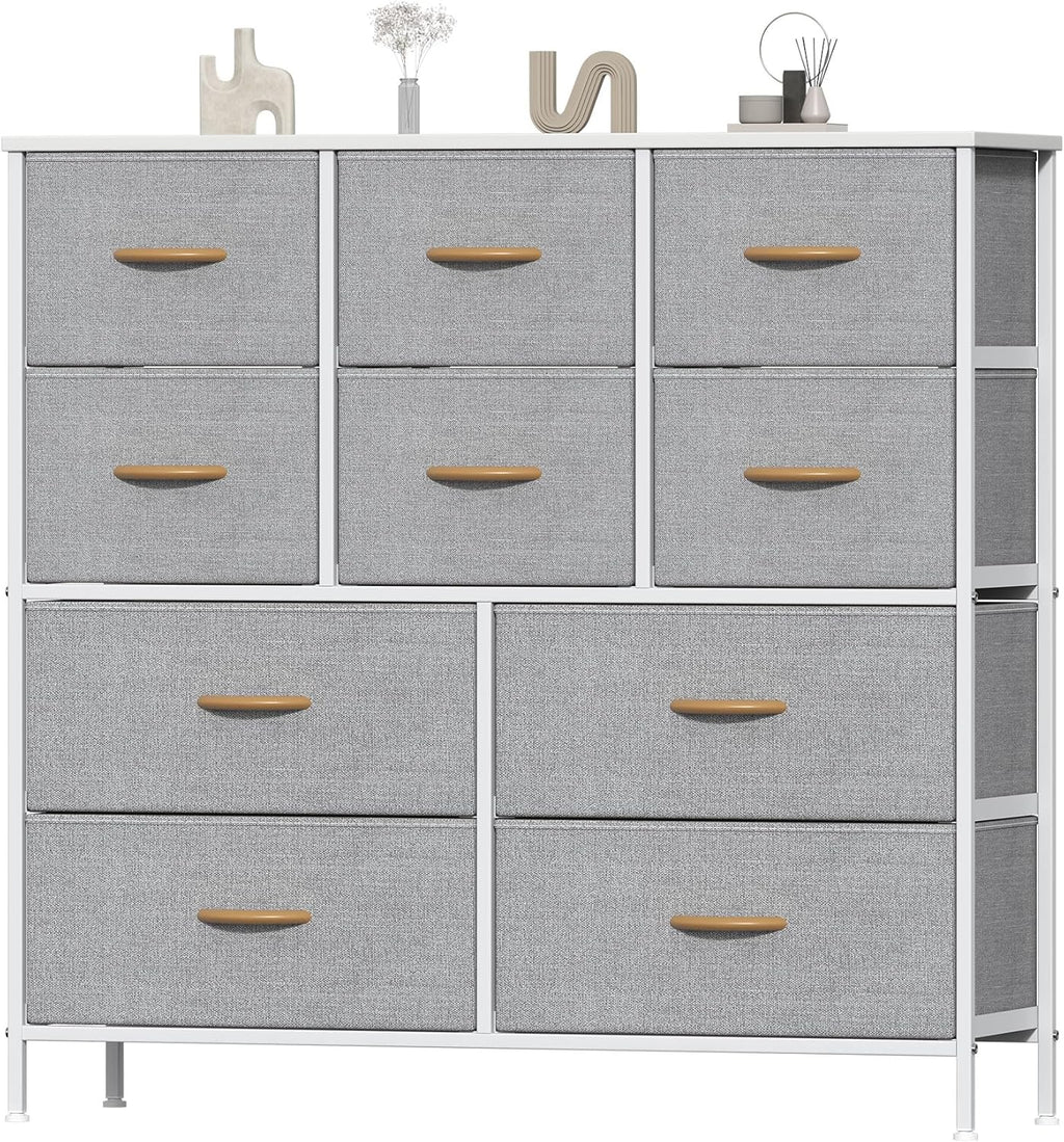`10‑Drawer Fabric Storage Tower Dresser, Anti‑Tip Safe Chest of Drawers with MDF Wooden Top & Robust Metal Frame, Versatile Organizer Unit for Bedroom, Living Room & Home Office`