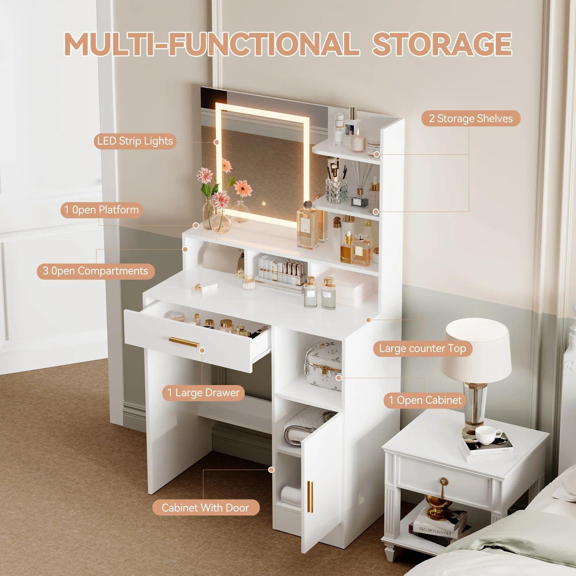 Modern Dressing Table, Vanity Desk with LED Lighted Mirror & Drawers, Touch‑Control 3 Color Modes Brightness Adjustable Makeup Table, Large Open Storage Shelves Cabinet, Cosmetic Vanity Desk for Bedroom