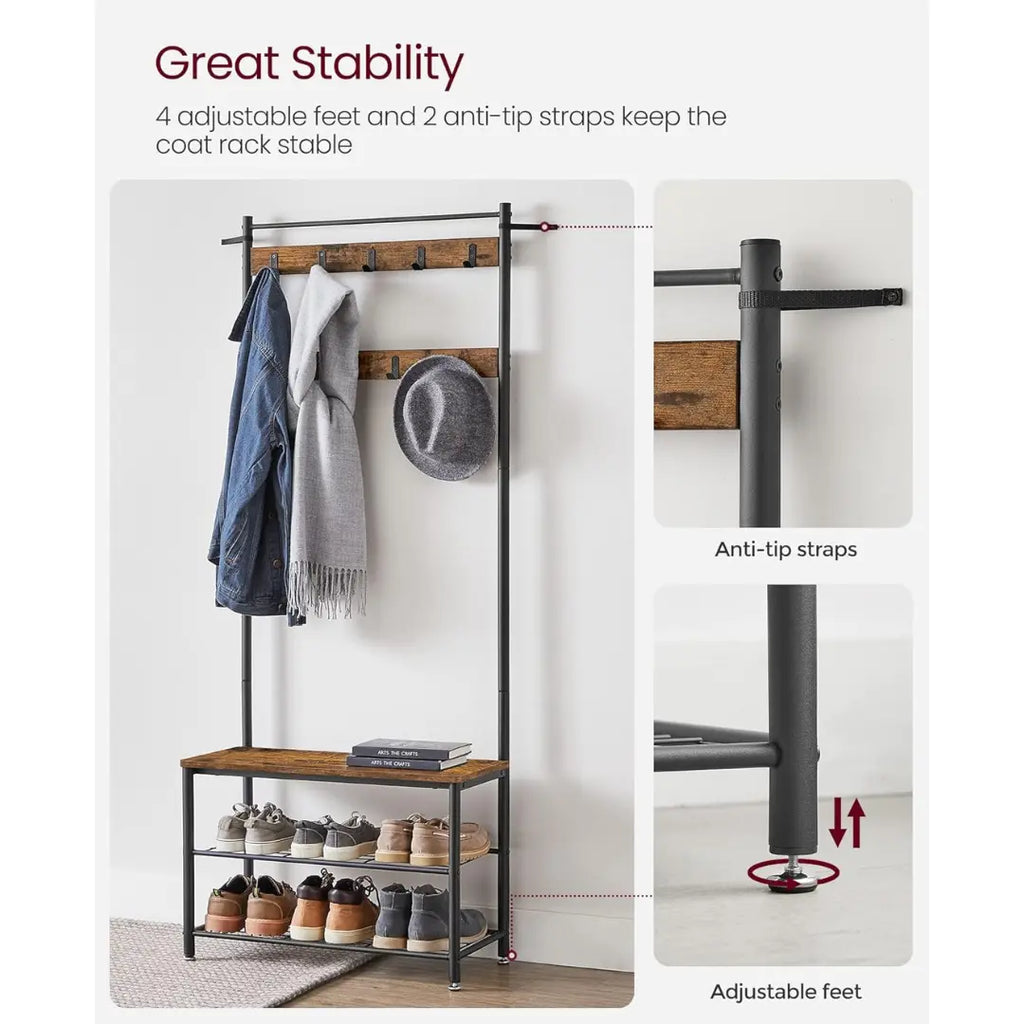 SONGMICS HOME Coat Rack, Hallway Cabinet, Cloakroom, Clothes Rack, with Bench and Shoe Shelves, Shoe Bench, Shoe Organiser, 9 Hooks, Metal Frame, Height 175 cm, Industrial Style