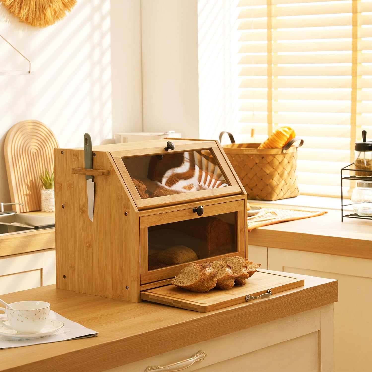 Large Double Layer Bamboo Bread Bin, Multi-Functional Bread Storage Box with Cutting Board & Transparent Window, Countertop Organizer for Bread, Salt, Pepper & Jam,