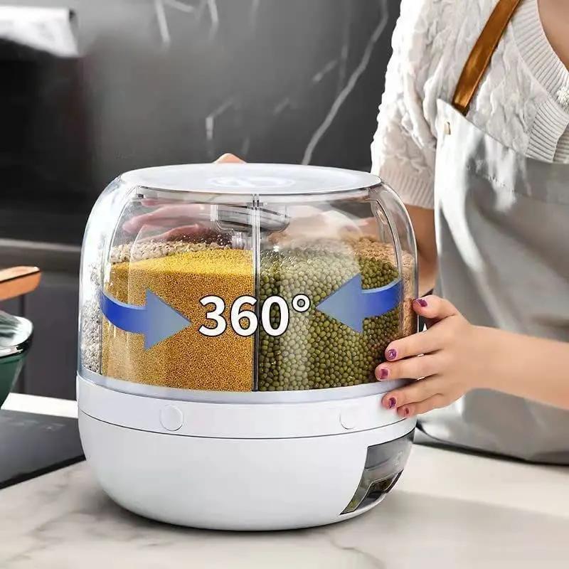 6-Compartment 360° Rotating Rice Dispenser Container, Transparent Dry Food Storage Bin, Airtight Fruit & Grain Keep Fresh Box for Kitchen Countertop Organization [Plus A Free Gift]
