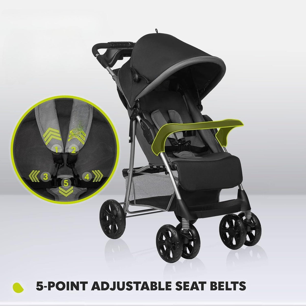 Foldable Lightweight Travel Baby Stroller, Compact City Stroller for Toddlers 6‑36 Months (Max 15kg), Reclining Lie‑Flat Seat with Adjustable Footrest, XXL All‑Weather Canopy, 5‑Point Harness & Shock‑Absorbing Wheels, Storage Basket, Detachable Tray and P