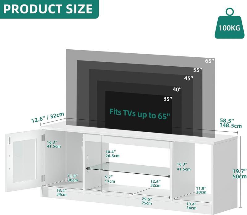 【NS】TV Cabinet Stand Unit, Modern Style TV Table for Flat Screens Up to 65 Inch, Open Adjustable Glass Storage Shelves for Living Room, Gaming, Entertainment Room, Hallway, Bedroom
