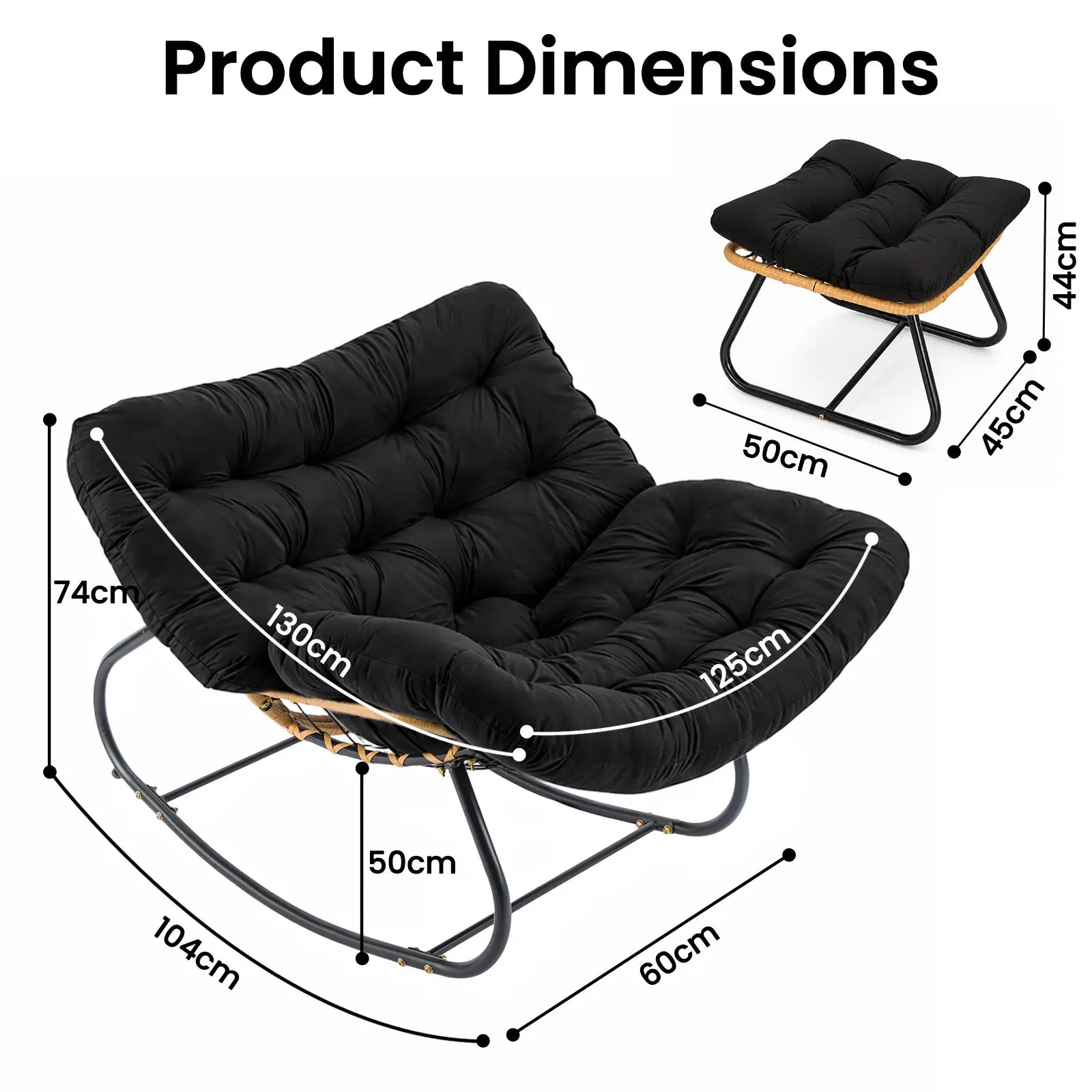 CROWNSHOP Chairs Oversized Rattan Egg Rocking Chair – Outdoor Wicker Chair with Metal Frame, Large Cushioned Seat for Garden & Patio