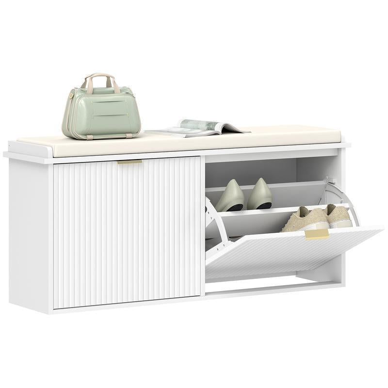 Slim Hallway Shoe Bench with Comfort Padded Linen Seat & 2 Flip-Top Storage Drawers, Heavy Duty Solid Wood Leg Shoe Cabinet Organizer, Anti-Skid Foot Design Narrow Entryway Shoe Storage Bench for Apartment Porch Home