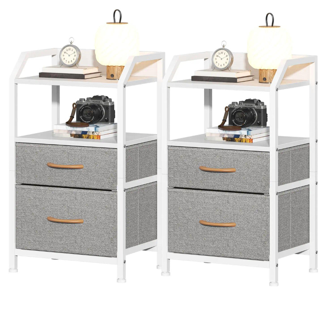 Set of 2 Rustic Industrial Nightstands, Wood and Metal Bedside Table with Drawers & 2 Open Storage Shelves, Multi-Purpose End Table Sofa Side Table, Bedside Organizer Cabinet for Bedroom Living Room Small Spaces