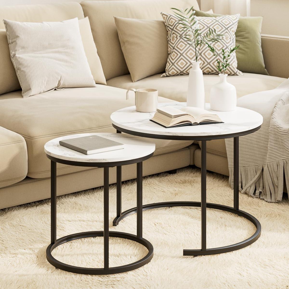 Elegant Round Nesting Coffee Tables –  Removable End Tables with Gold Metal Frame Legs & Marble Tops | Perfect for Living Room, Bedroom, Office & Balcony