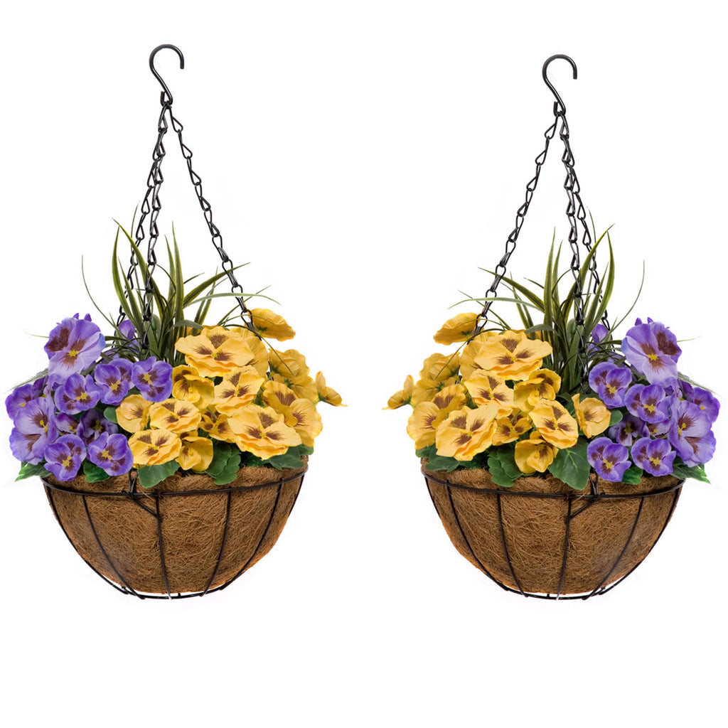 2 Pcs Coco Coir Artificial Hanging Planters, Fake Pink White Pansies Floral Arrangement with Decorative Grasses, UV Waterproof Hanging Basket for Indoor Outdoor Garden Decor