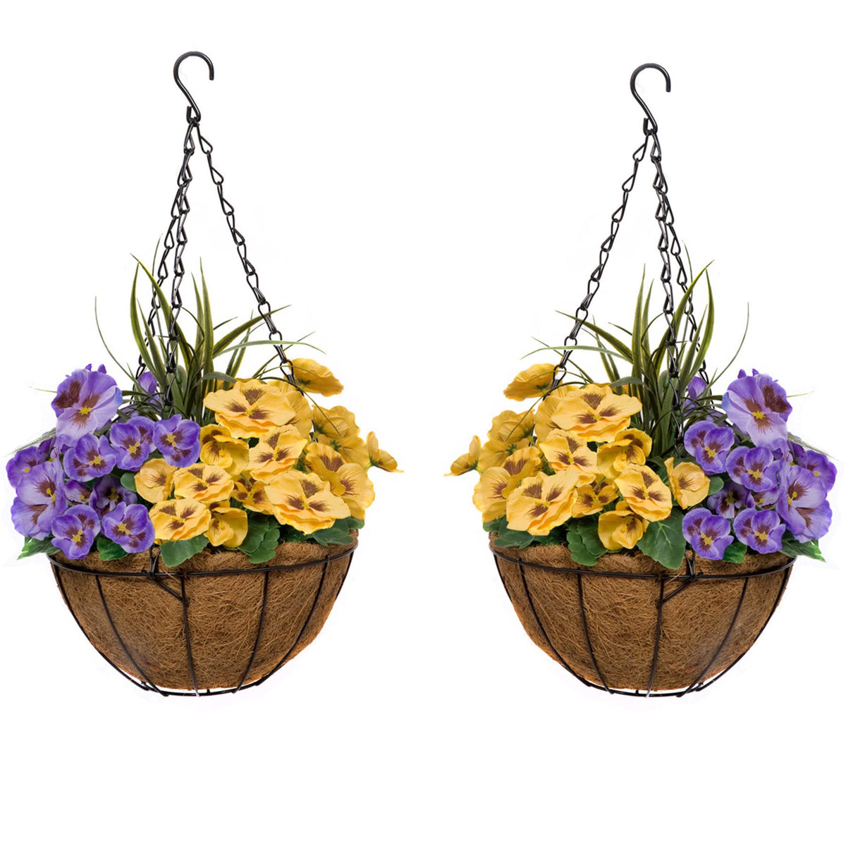 2 Pcs Coco Coir Artificial Hanging Planters, Fake Pink White Pansies Floral Arrangement with Decorative Grasses, UV Waterproof Hanging Basket for Indoor Outdoor Garden Decor