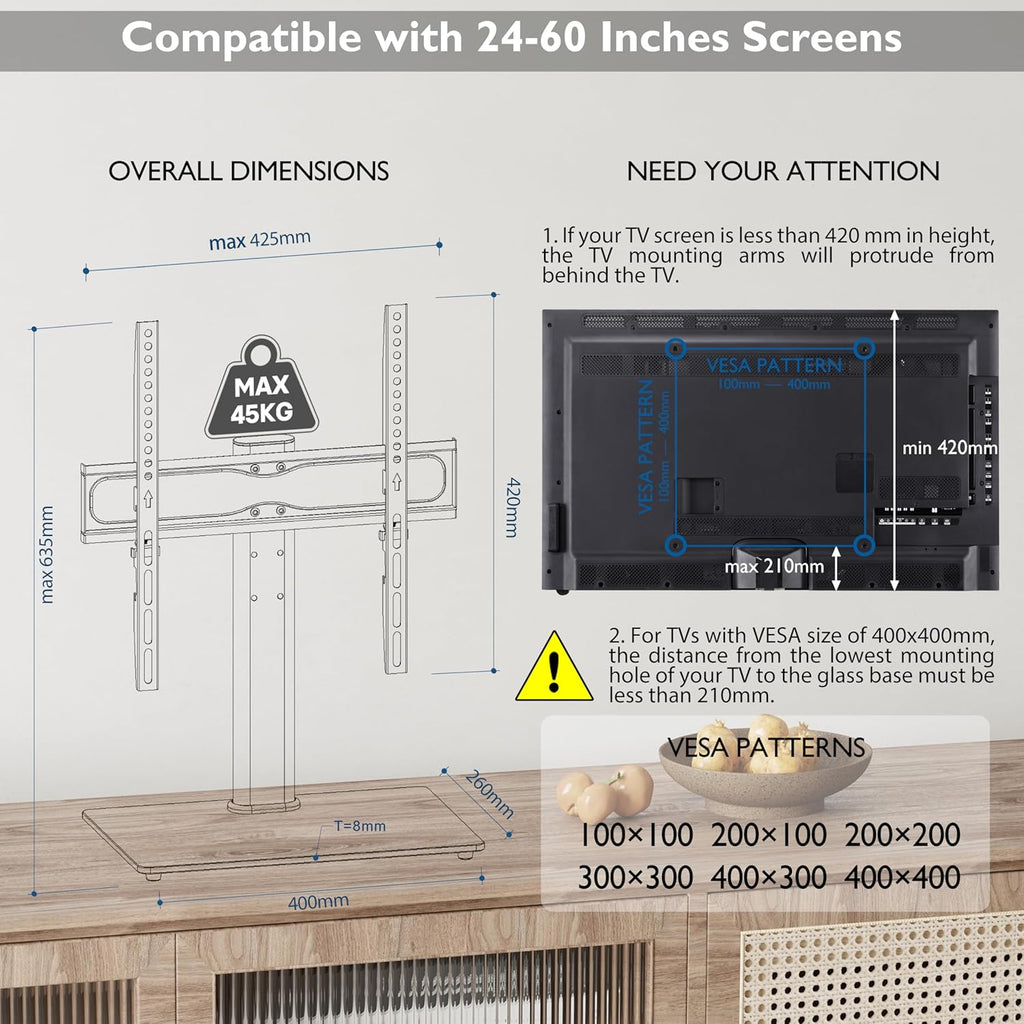 Universal TV Stand for 24–60 Inch LCD LED OLED Plasma TVs, Height Adjustable Table Top Pedestal with Bracket, 8mm Tempered Glass Base, 45kg Load, Max VESA 400x400mm, Cable Management
